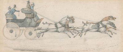 En gentleman kör ett fyrspann framför en postfajeton, åtföljd av tre stallpojkar av Henry Thomas Alken