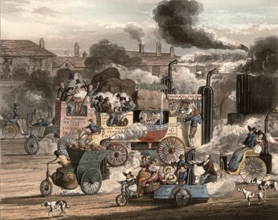 En vy av Whitechapel Road, från `Progress of Steam, 1828 av Henry Thomas Alken