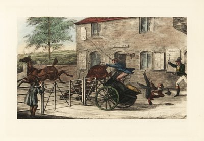 Engelska herrar i en spelning med två hästar som försöker hoppa över en tullport. av Henry Thomas Alken