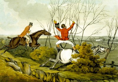 Plunging Through the Hedge, från "Kvalificerade hästar och okvalificerade ryttare" av Henry Thomas Alken