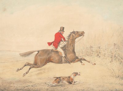 Ryttare på en brun häst som ska hoppa över ett staket åt höger av Henry Thomas Alken