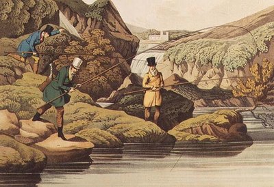 Salmon Fishing, målat av I. CLark, utgiven av Thomas McLean, 1820 (akvatint) av Henry Thomas Alken