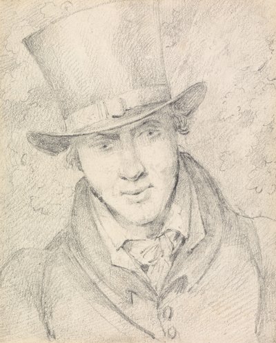 Självporträtt, framifrån blickande nedåt åt höger, med cylinderhatt av Henry Thomas Alken