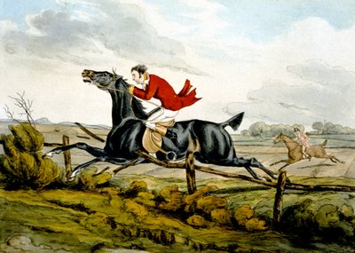 Rakt genom stängslet, från "Kvalificerade hästar och okvalificerade ryttare" av Henry Thomas Alken