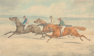 Tre kapplöpningshästar med jockeyer som galopperar i grupp åt vänster av Henry Thomas Alken