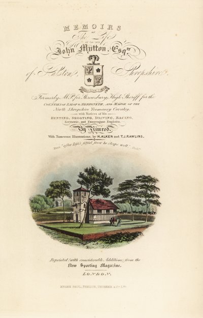 Titelsida med kalligrafisk titel och vinjett av engelska Tudor av Henry Thomas Alken
