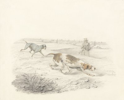 Two Pointers, vända åt höger med en Sportsman (grafit & wc på papper) av Henry Thomas Alken