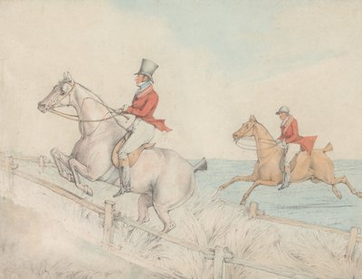 Två ryttare som tar ett dubbelt hinder av Henry Thomas Alken