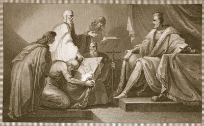 Doomsday Book presenterad för William the I, graverad av J. Fittler, illustration från David Humes "The History of England", pub. av R. Bowyer, London, 1812 av Henry Tresham