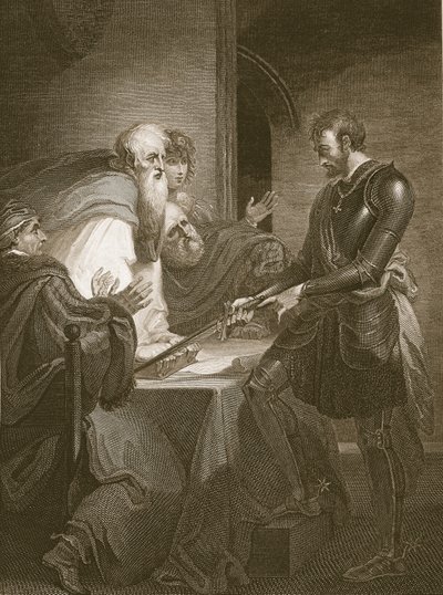 Earl Warenne som motiverar titlarna på sina egendomar, graverad av J. Fittler, illustration från David Humes "The History of England", utgiven av R. Bowyer, London, 1812. av Henry Tresham