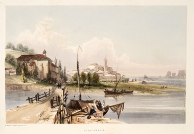 Fontarabia, med klostret och bron Capauchinos, från Sketches of scenery i de baskiska provinserna i Spanien, med ett urval av nationell musik ?, pub. 1838 (handfärgad gravyr) av Henry Wilkinson