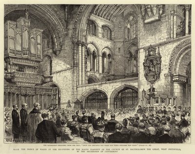 H R H prinsen av Wales vid återöppningen av norra tvärskeppet av Church of St Bartholomew the Great, West Smithfield, av ärkebiskopen av Canterbury av Henry William Brewer