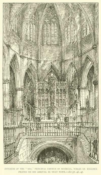 Interiör av "Seo", huvudkyrkan i Manresa, där St Ignatius bad vid sin ankomst till den staden (gravyr) av Henry William Brewer