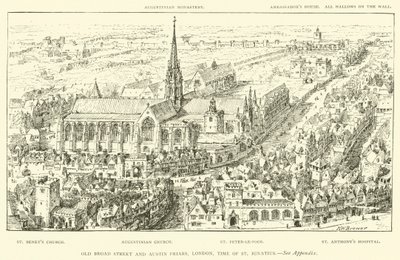 Old Broad Street och Austin Friars, London, tiden för St Ignatius (gravyr) av Henry William Brewer