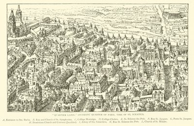 "Quartier Latin," Studentkvarteret i Paris, tiden för St Ignatius (gravyr) av Henry William Brewer