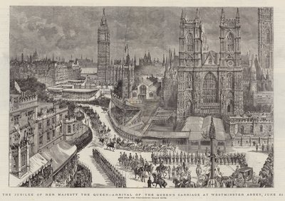 Hennes Majestät Drottningens jubileum, ankomsten av drottningens vagn till Westminster Abbey, 21 juni av Henry William Brewer