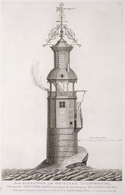 Edystone Lighthouse graverad av Henry Roberts (fl.1761), 1761 av Henry Winstanley