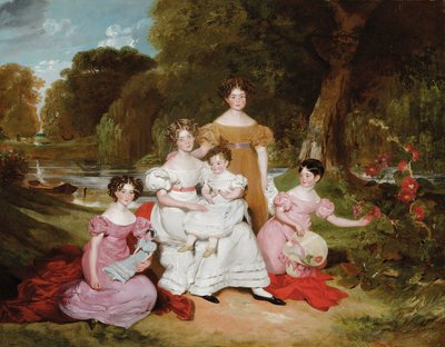 Grupporträtt av familjen Ward Hunt i ett landskap framför en flod av Henry Wyatt