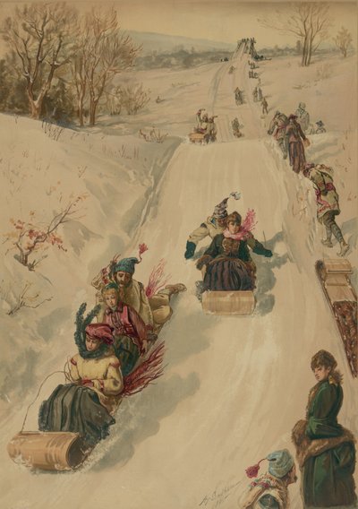 Tobogganing, av L. Prang and Co., 1886 (akvatint) av Henry after Sandham