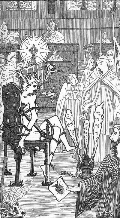 Föreställning av en exorcismceremoni Teckning av Henry de Malvost från "Satanism and Magic" av Jules Bois 1895 Privat samling av Henry de Malvost