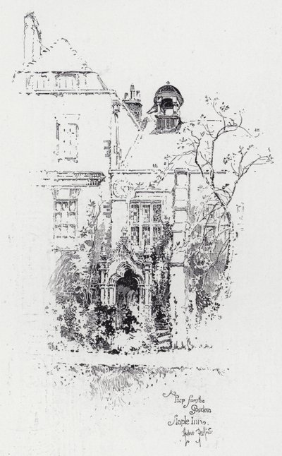 En titt från trädgården, Staple Inn (gravyr) av Herbert (after) Railton