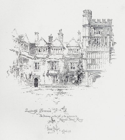Brasenose College, Oxford, som visar ingången till rummen för den engelske prästen och författaren Reginald Heber (litho) av Herbert (after) Railton