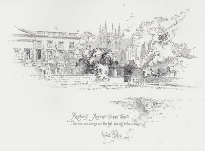 Den engelske konstkritikern John Ruskins rum på Corpus Christi College, Oxford (litho) av Herbert (after) Railton