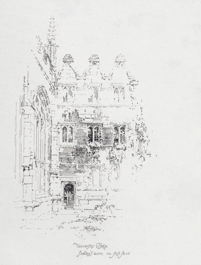 Engelska poeten Percy Bysshe Shelleys rum på första våningen i University College, Oxford (litho) av Herbert (after) Railton