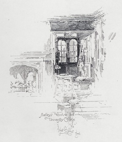 Engelske poeten Percy Bysshe Shelleys fönsterplats vid University College, Oxford (litho) av Herbert (after) Railton