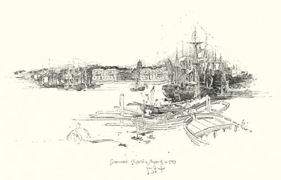 Greenwich Hospital och sjöfart, 1749 (litho) av Herbert (after) Railton