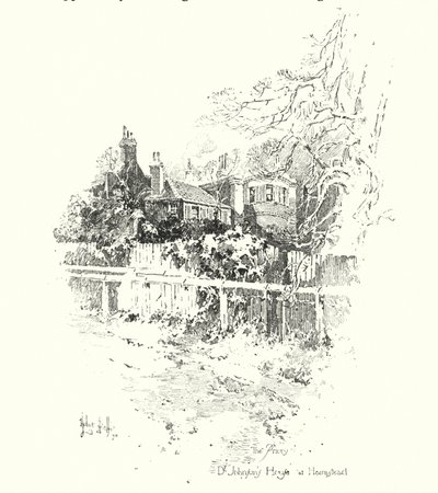 Priory, Dr Johnsons hus, i Hampstead, London (litho) av Herbert (after) Railton