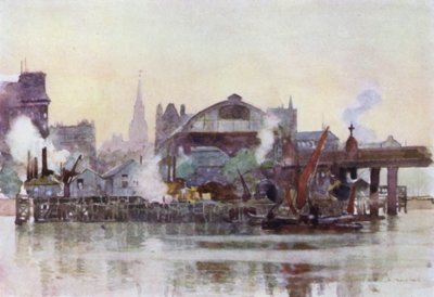 Charing Cross Station från floden (färg litho) av Herbert Menzies (after) Marshall