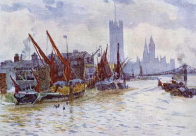 Höpråmar som ligger utanför Horseferry i Westminster (färg litho) av Herbert Menzies (after) Marshall