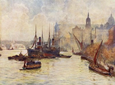 Utsikt från Tower Bridge (färg litho) av Herbert Menzies (after) Marshall