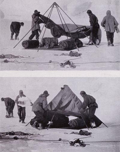 Slå upp tältet (s/v bild) av Herbert Ponting
