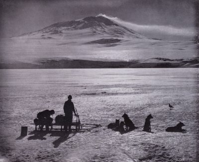 Släde och hundar, med berget Erebus i bakgrunden (s/v foto) av Herbert Ponting