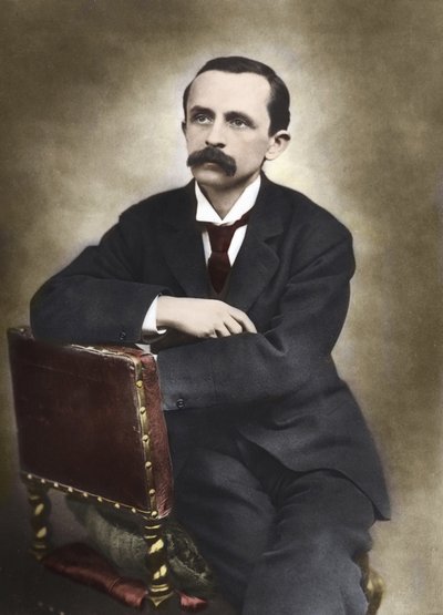 Porträtt av J.M.Barrie fotograferat av Barraud 1893 - James Matthew Barrie (1860-1937), skotsk författare, skapare av Peter Pan - färgfotografi. av Herbert Rose Barraud