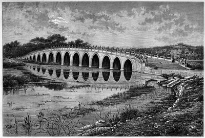 Bro med 17 valv på sjön Kunming vid Ete-palatset nära Pekin på 1800-talet. Gravyr efter en teckning av Catenacci, efter ett fotografi av Thomson, i "" Le Tour du Monde, Nouveau journal des Voyages", redigerad av Edouard Charton, Paris av Hercule (after) Catenacci