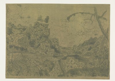 Mountain Valley, till höger en man som bär en pinne av Hercules Segers