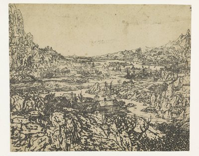 Bergsdal med en slingrande flod av Hercules Segers