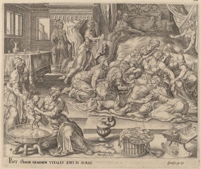 Pharez och Zaras födelse av Herman Jansz Muller after Maerten van Heemskerck