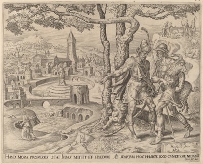 Adullamiten Hirah med ungen av Herman Jansz Muller after Maerten van Heemskerck