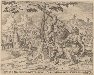 Juda som ger Tamar panten av Herman Jansz Muller after Maerten van Heemskerck