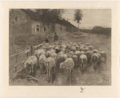 Herde och en kvinna med en flock får av Herman Johannes van der Weele (signed by artist)