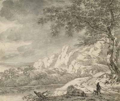 Bergigt landskap med en vandrare (krita och indiskt bläck på papper) av Herman Nauwincz