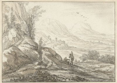 Bergslandskap med utsikt över en dal av Herman Saftleven
