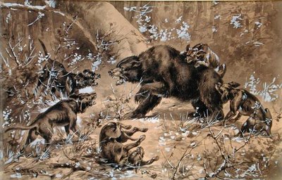 Bear Hunt (akvarell och kinesiskt vitt på papper) av Herman Wendleborg Hansen