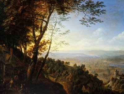 Ett skogslandskap med bönder vid en stuga (olja på panel) av Herman the Younger Saftleven