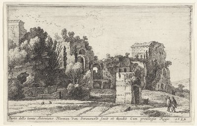 Utsikt över Caracalla-baden Parte delle terme Antoniano (titel på objekt) Titelsida och tolv vyer av Rom och dess omgivningar (serietitel) Diverse veuës dedans et dehors de Rome (serietitel) av Herman van Swanevelt