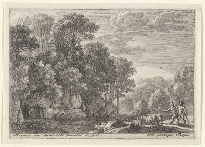 Två satyrer med en flock getter Landscapes with Satyrs (serietitel) av Herman van Swanevelt